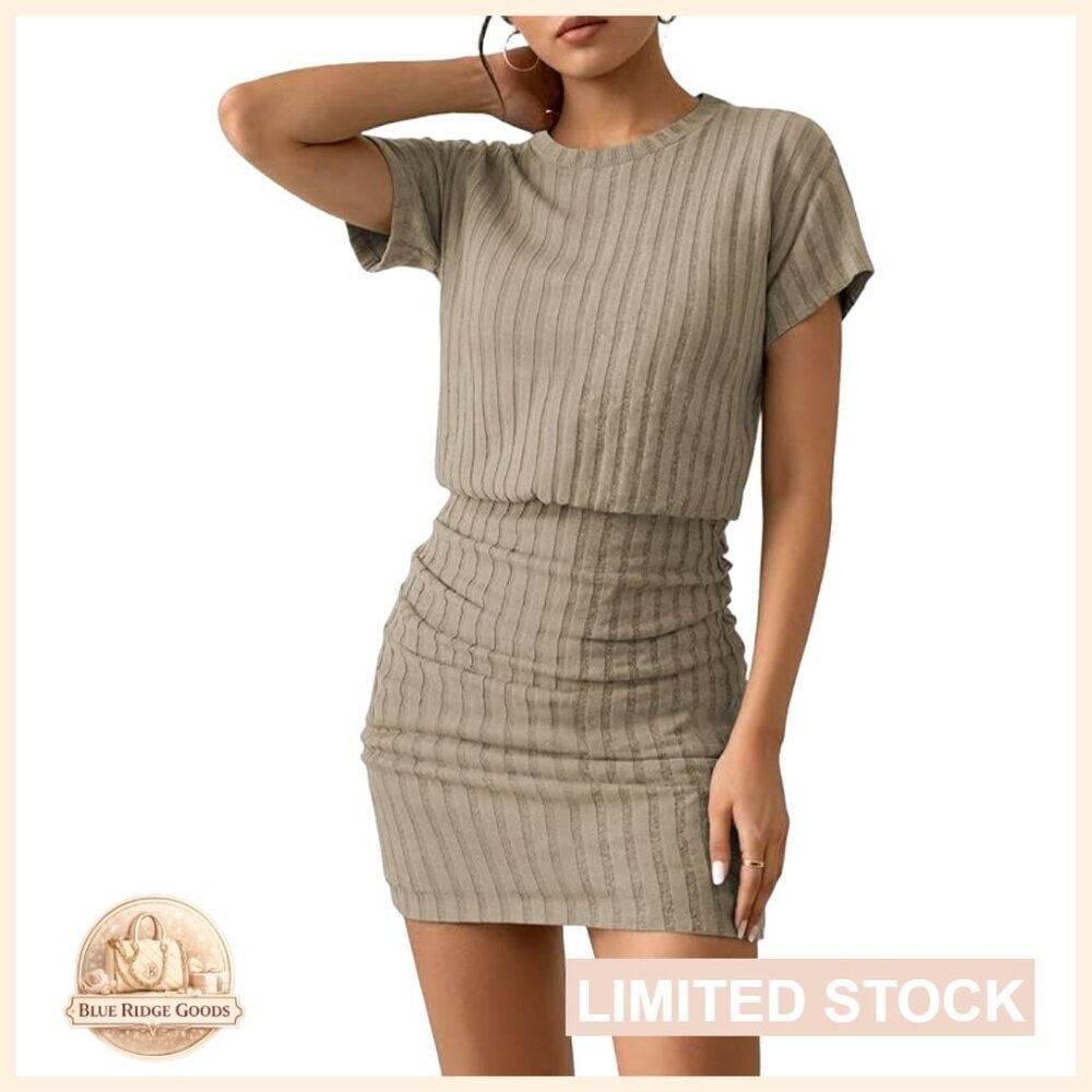 Ribbed Knit Pullover Sweater Dress Casual Bodycon Mini Short Sleeve Crew Neck